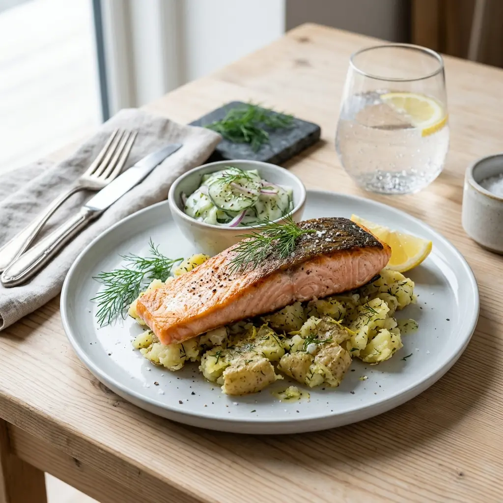Nylagad lax med krossad potatis serverad på ett aptitligt och hemlagat sätt