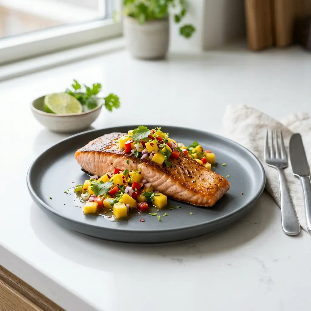 En skål med lax med mangosalsa klar att servera som smakrikt tillbehör