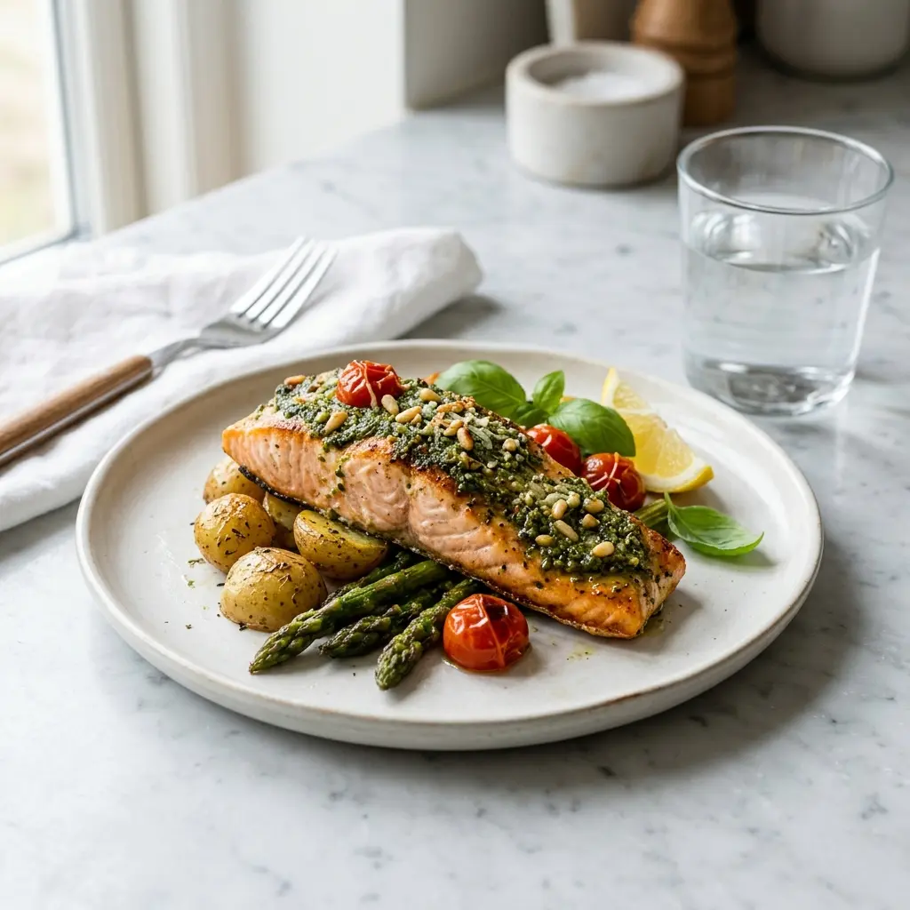 En skål med lax med pesto klar att servera som smakrikt tillbehör