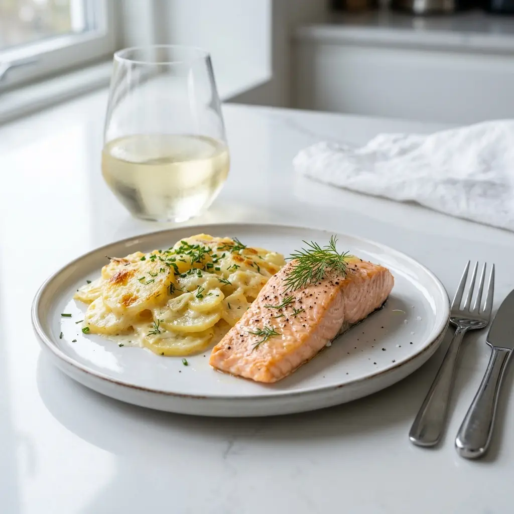 Nylagad lax med potatisgratäng serverad på ett aptitligt och hemlagat sätt