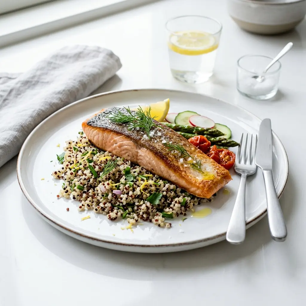 Nylagad lax med quinoa serverad på ett aptitligt och hemlagat sätt