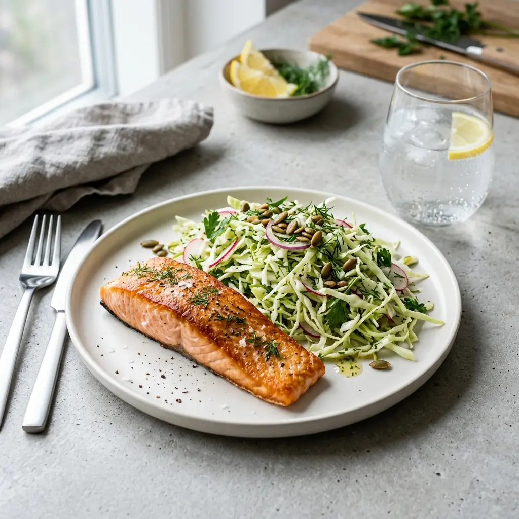 En fräsch portion lax med spetskålssallad med färska råvaror och fin servering