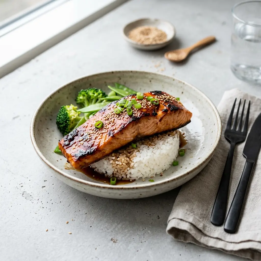 Ett glas lax med teriyaki serverat kallt och fräscht med enkel garnering