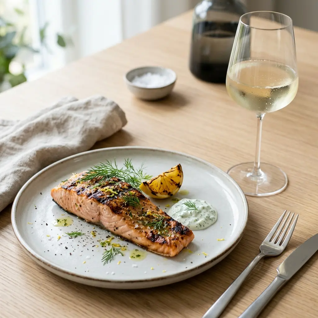 Nylagad lax på grillen serverad på ett aptitligt och hemlagat sätt