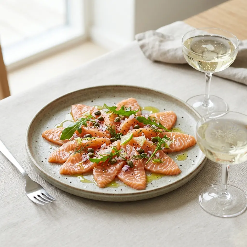 Nylagad laxcarpaccio serverad på ett aptitligt och hemlagat sätt