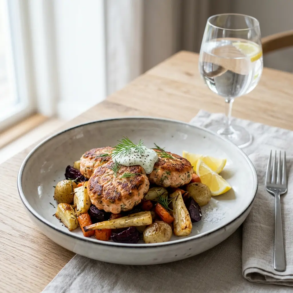 Ett glas laxfrikadeller med rotfrukter serverat kallt och fräscht med enkel garnering