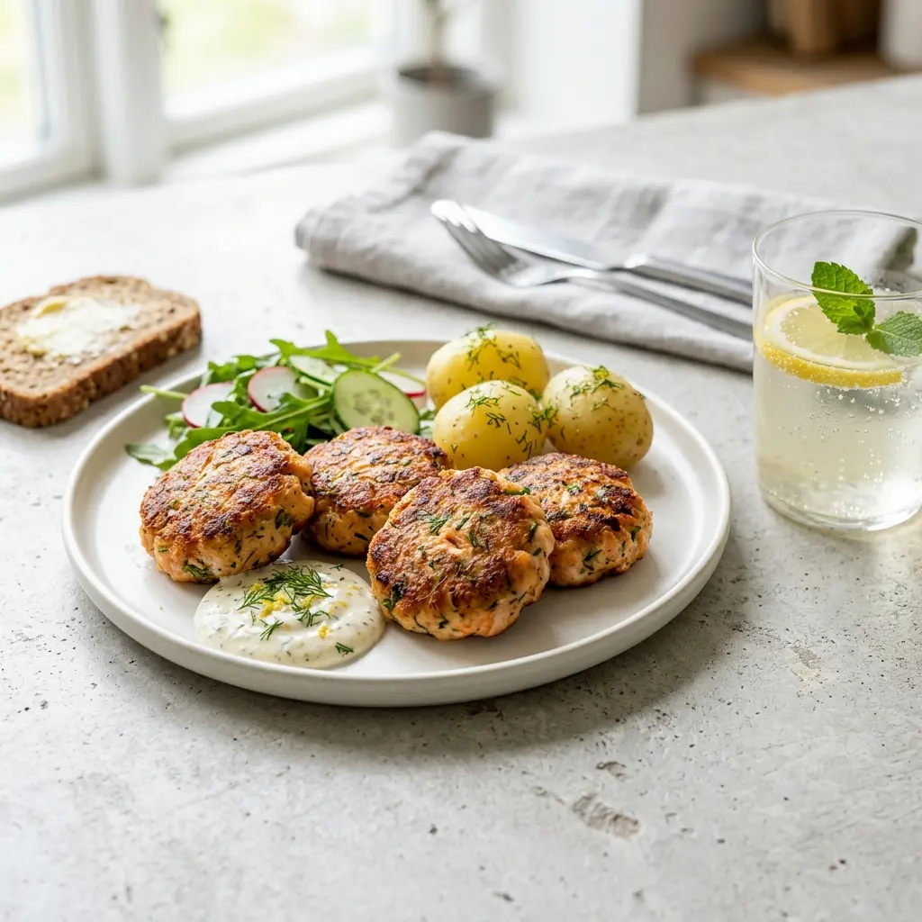 Nylagad laxfrikadeller serverad på ett aptitligt och hemlagat sätt
