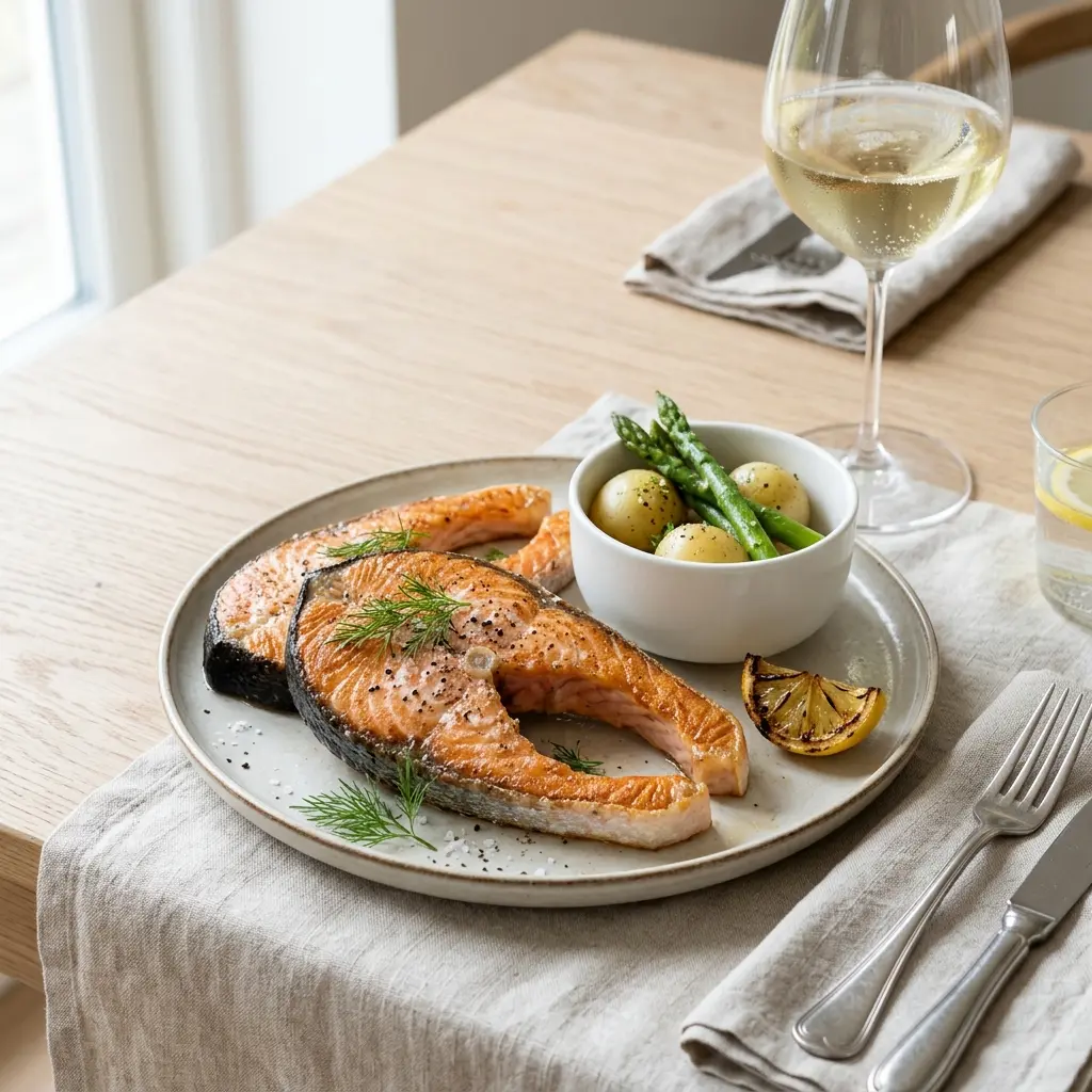 Ett glas laxkotletter serverat kallt och fräscht med enkel garnering