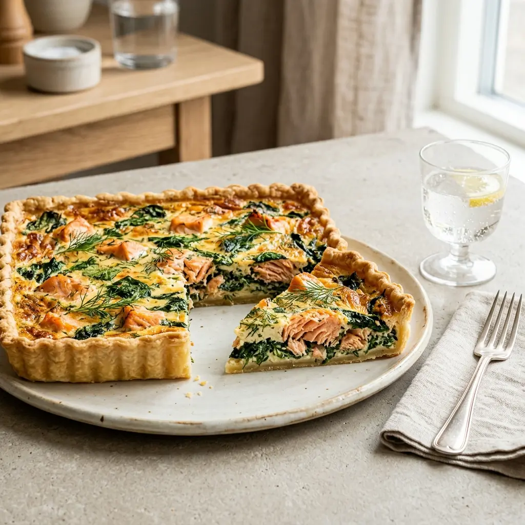 Hemlagad laxpaj med spenat serverad som en söt och inbjudande dessert