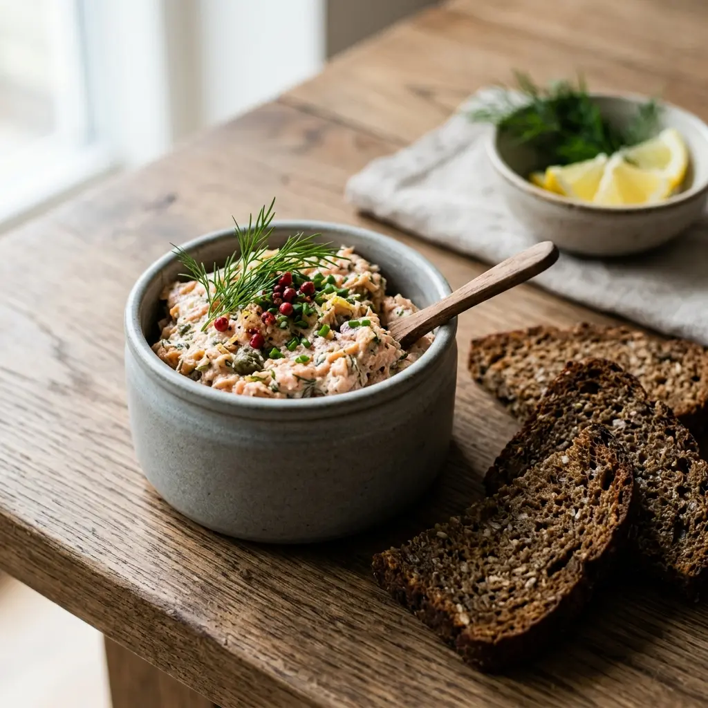 Ett glas laxrilette serverat kallt och fräscht med enkel garnering