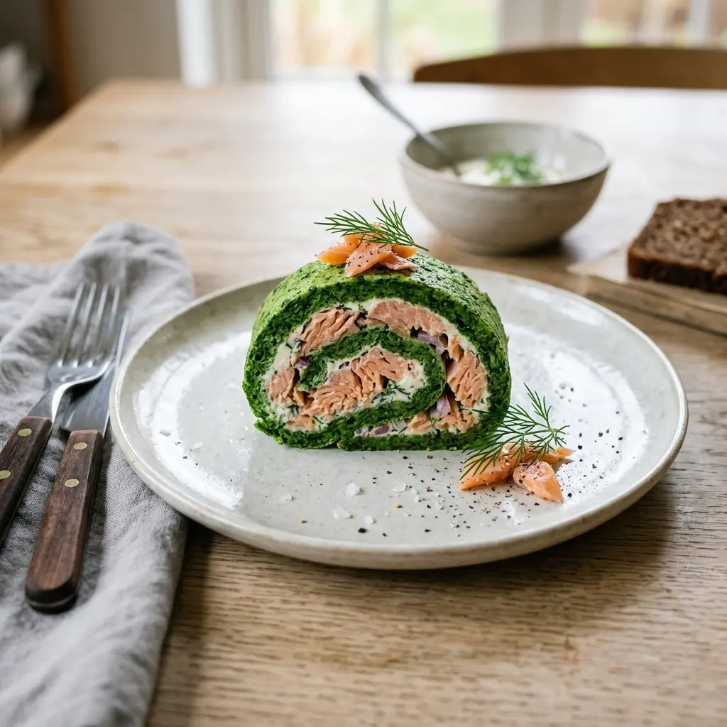 Nylagad laxrullad med spenat serverad på ett aptitligt och hemlagat sätt
