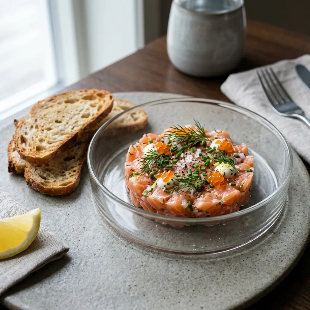 Hemlagad laxtartar serverad som en söt och inbjudande dessert