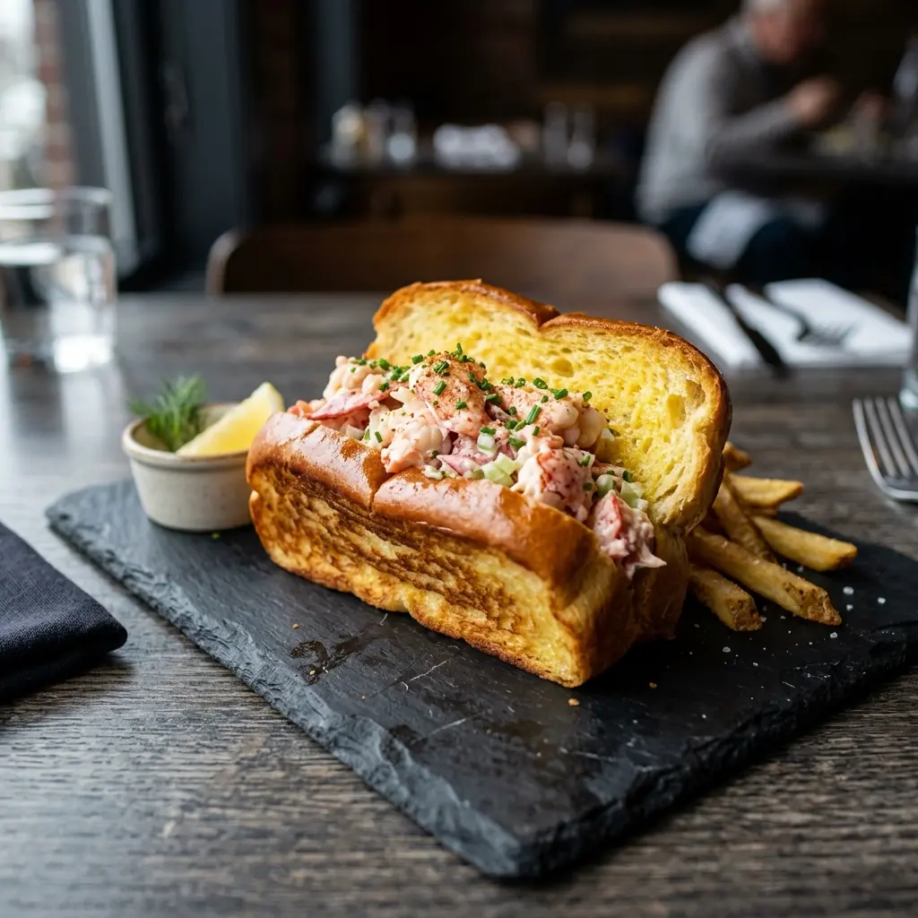 Ett glas lobster roll serverat kallt och fräscht med enkel garnering