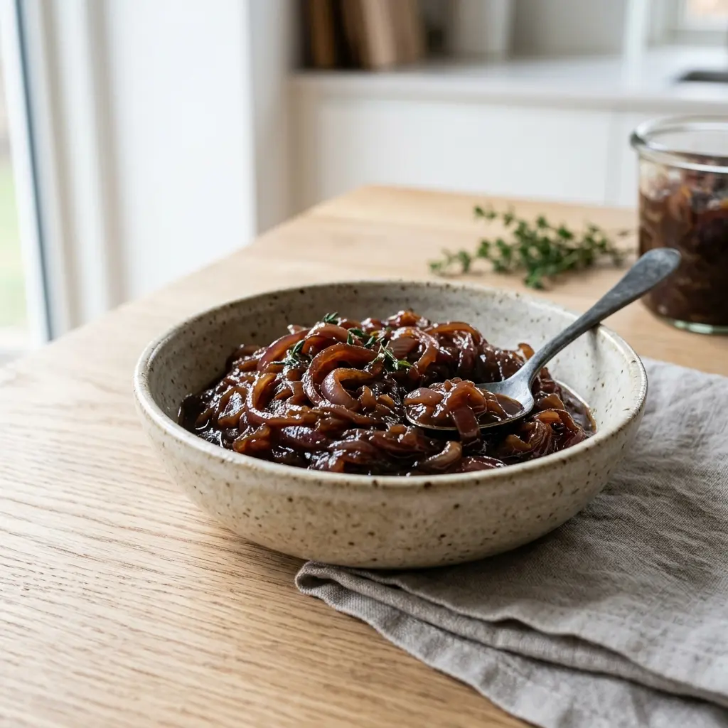 En skål med lökkompott klar att servera som smakrikt tillbehör