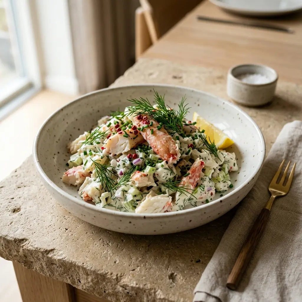 En fräsch portion lyxig krabbsallad med färska råvaror och fin servering