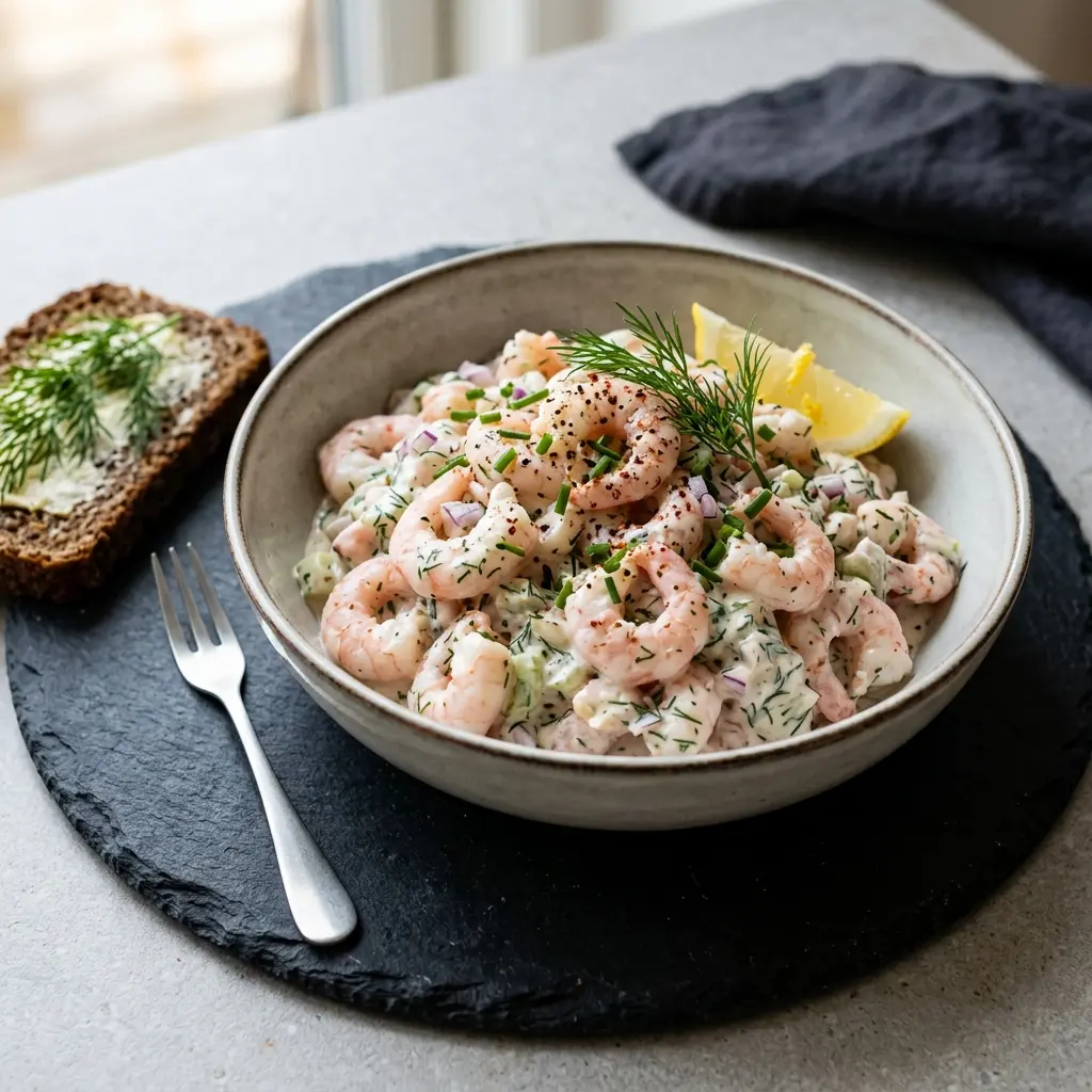 En fräsch portion lyxig räksallad med färska råvaror och fin servering