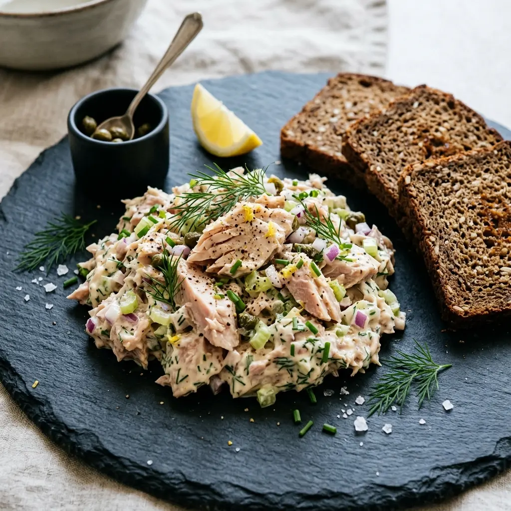 En fräsch portion lyxig tonfisksallad med färska råvaror och fin servering