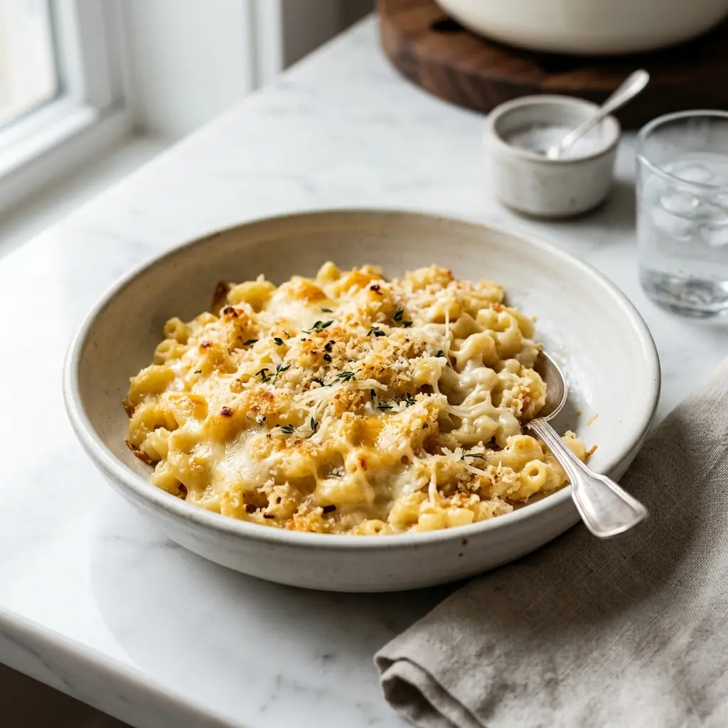 Nylagad mac and cheese serverad på ett aptitligt och hemlagat sätt