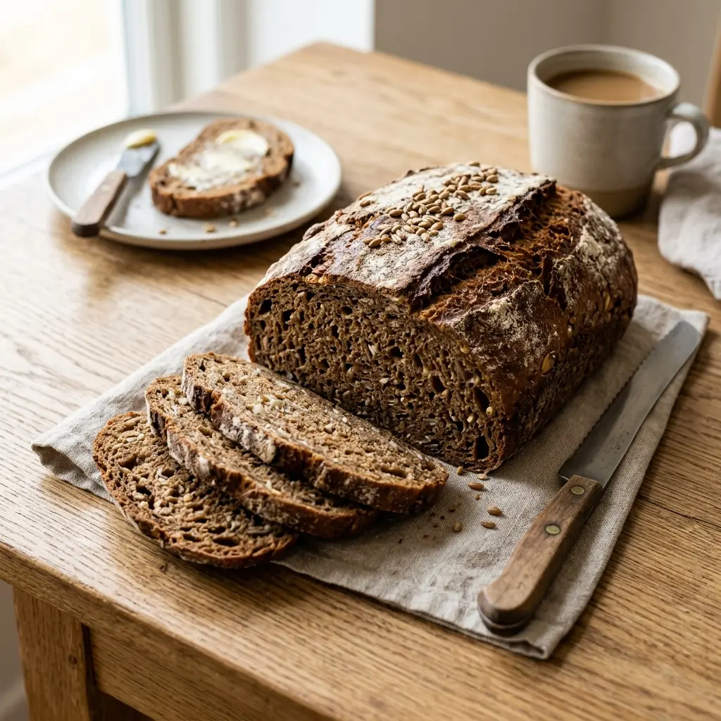 Nybakad maltbröd serverad och klar att njuta av