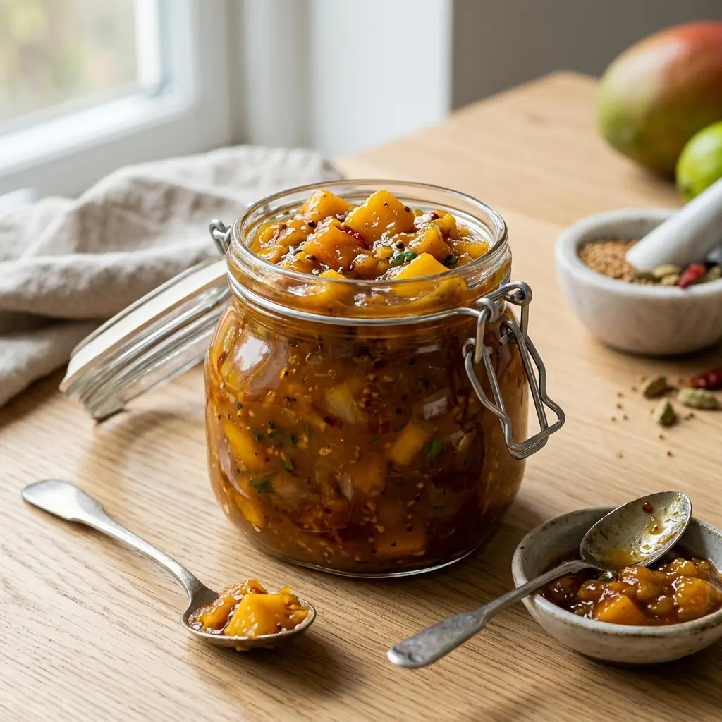En skål med mangochutney klar att servera som smakrikt tillbehör