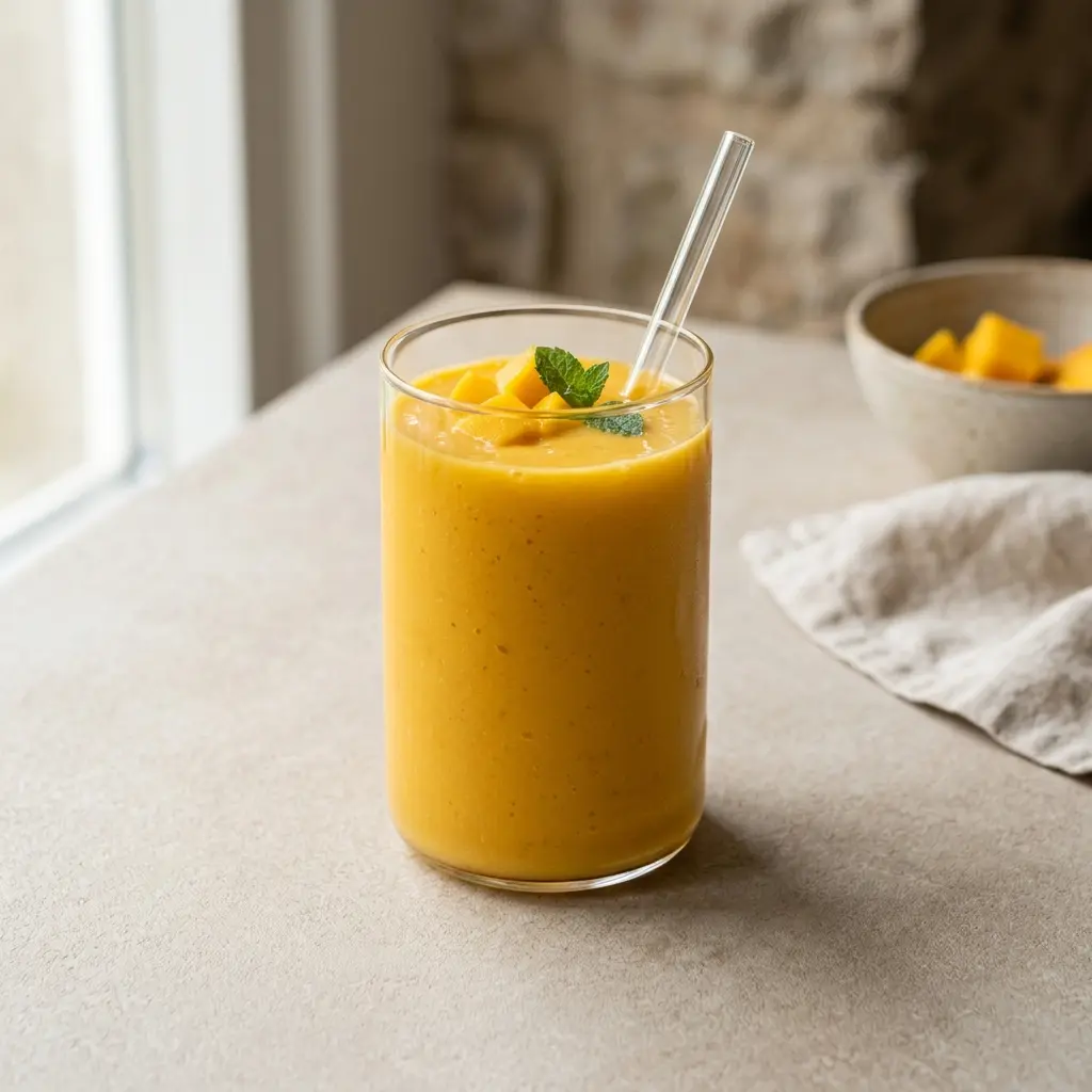 Ett glas mangosmoothie serverat kallt och fräscht med enkel garnering