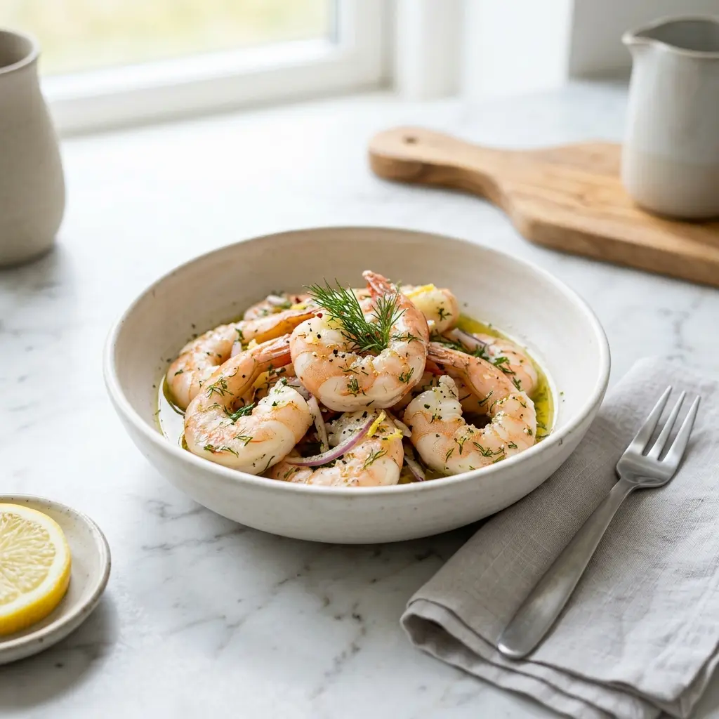 Nylagad marinerade räkor serverad på ett aptitligt och hemlagat sätt