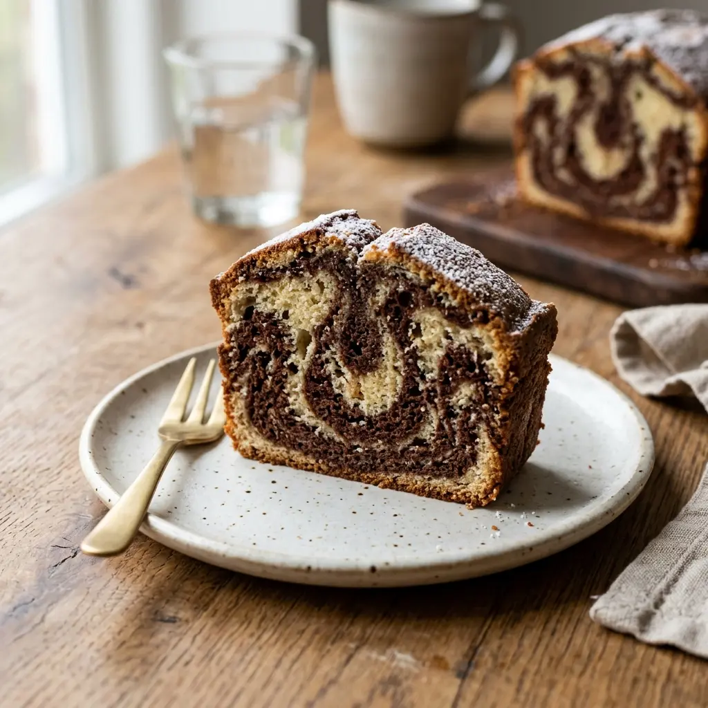 Hemlagad marmorkaka serverad som en söt och inbjudande dessert