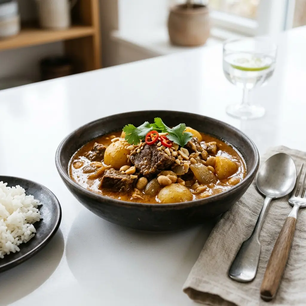 Nylagad massamancurry med nötkött serverad på ett aptitligt och hemlagat sätt