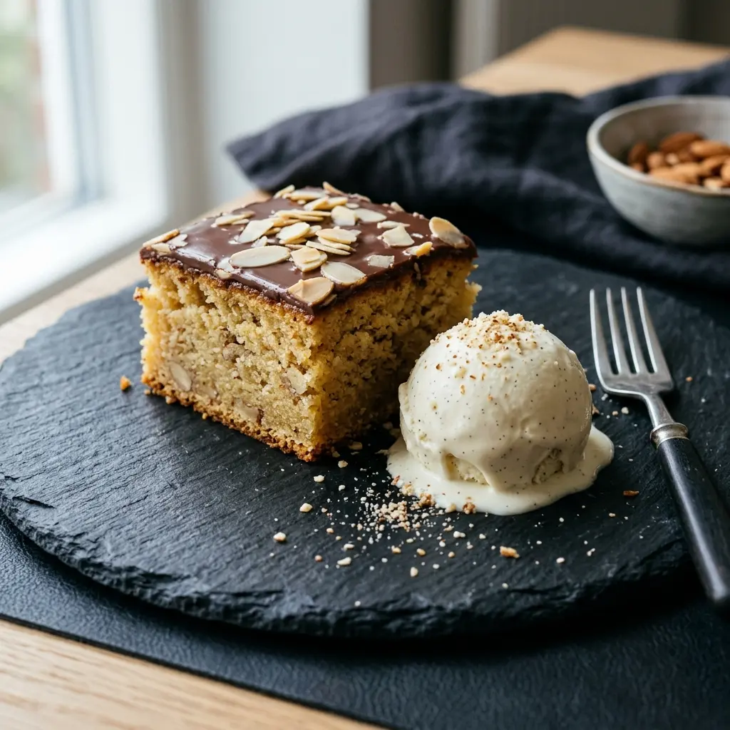 Hemlagad mazarinkaka med glass serverad som en söt och inbjudande dessert