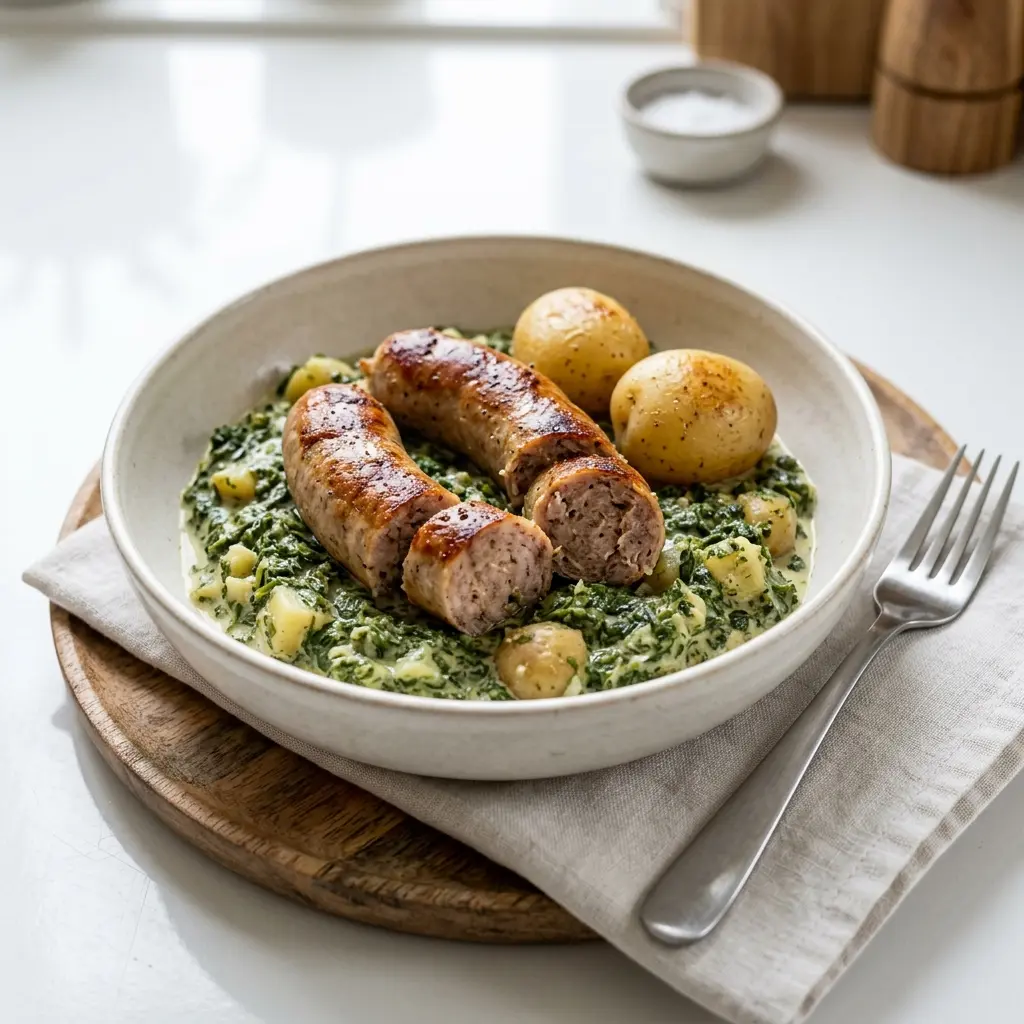 Ett glas medisterkorv med grönkål serverat kallt och fräscht med enkel garnering