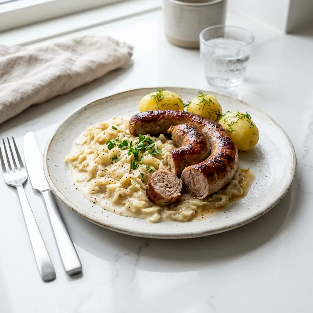 Ett glas medisterkorv med stuvad vitkål serverat kallt och fräscht med enkel garnering
