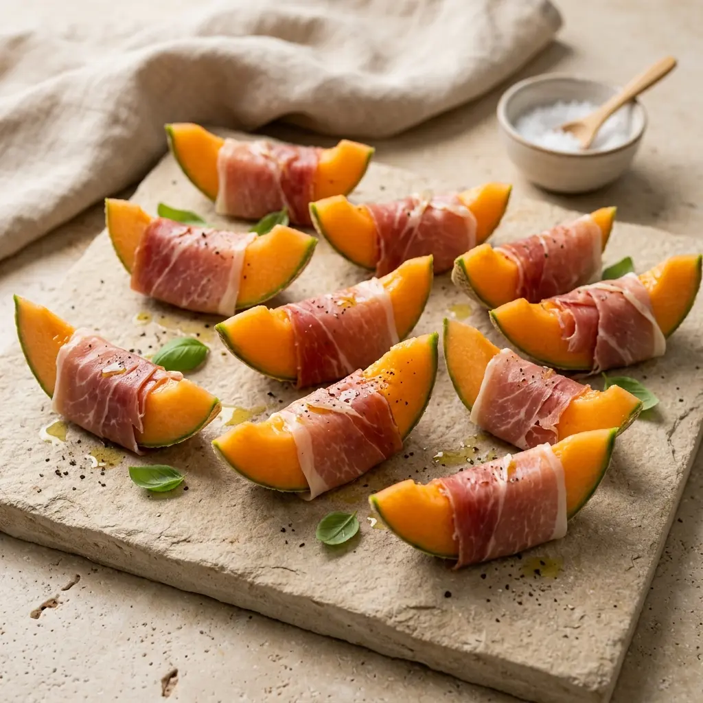 Nylagad melon med parmaskinka serverad på ett aptitligt och hemlagat sätt