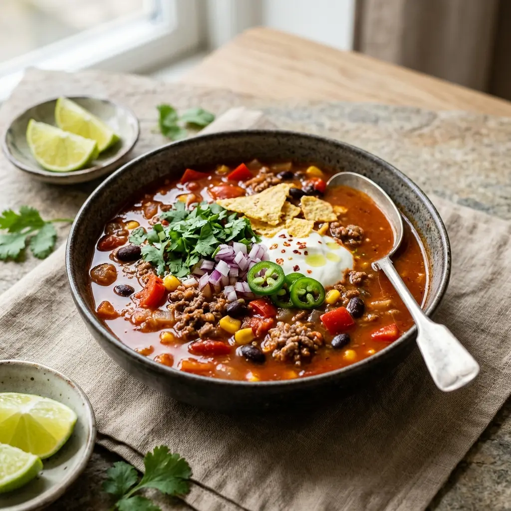 En varm skål mexikansk soppa med nötkött serverad med ett inbjudande och hemlagat uttryck