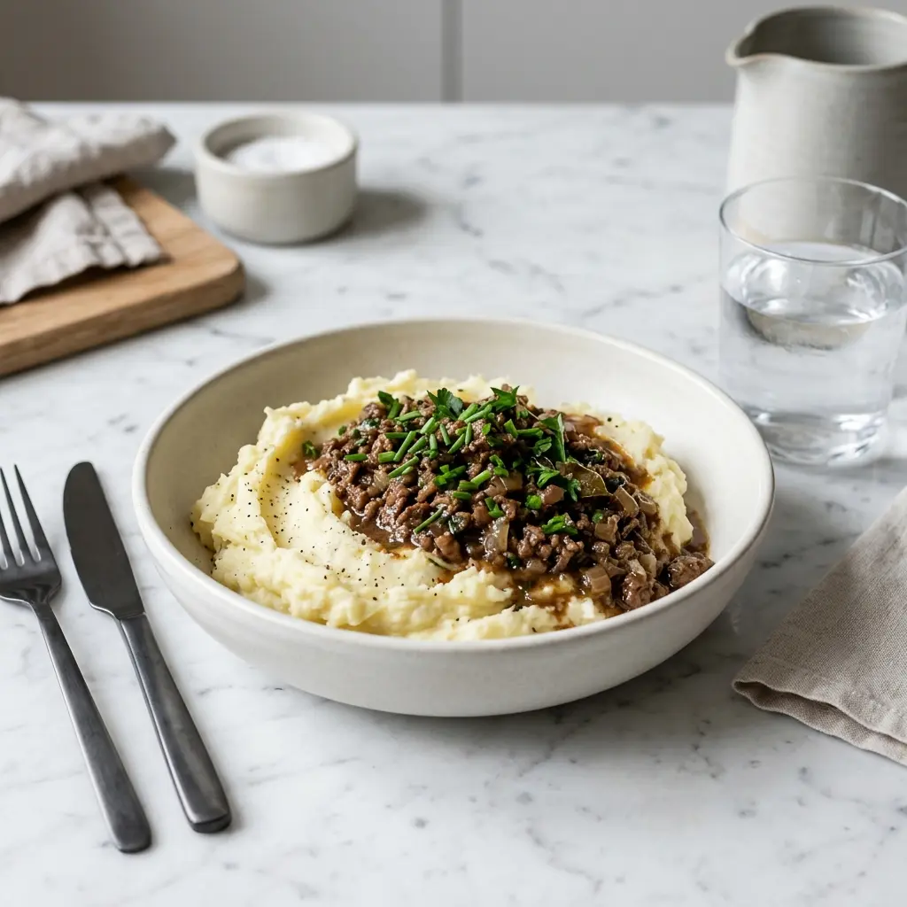Nylagad millionbiff med potatismos serverad på ett aptitligt och hemlagat sätt