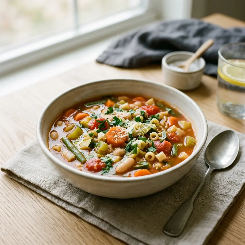 Nylagad minestrone serverad på ett aptitligt och hemlagat sätt