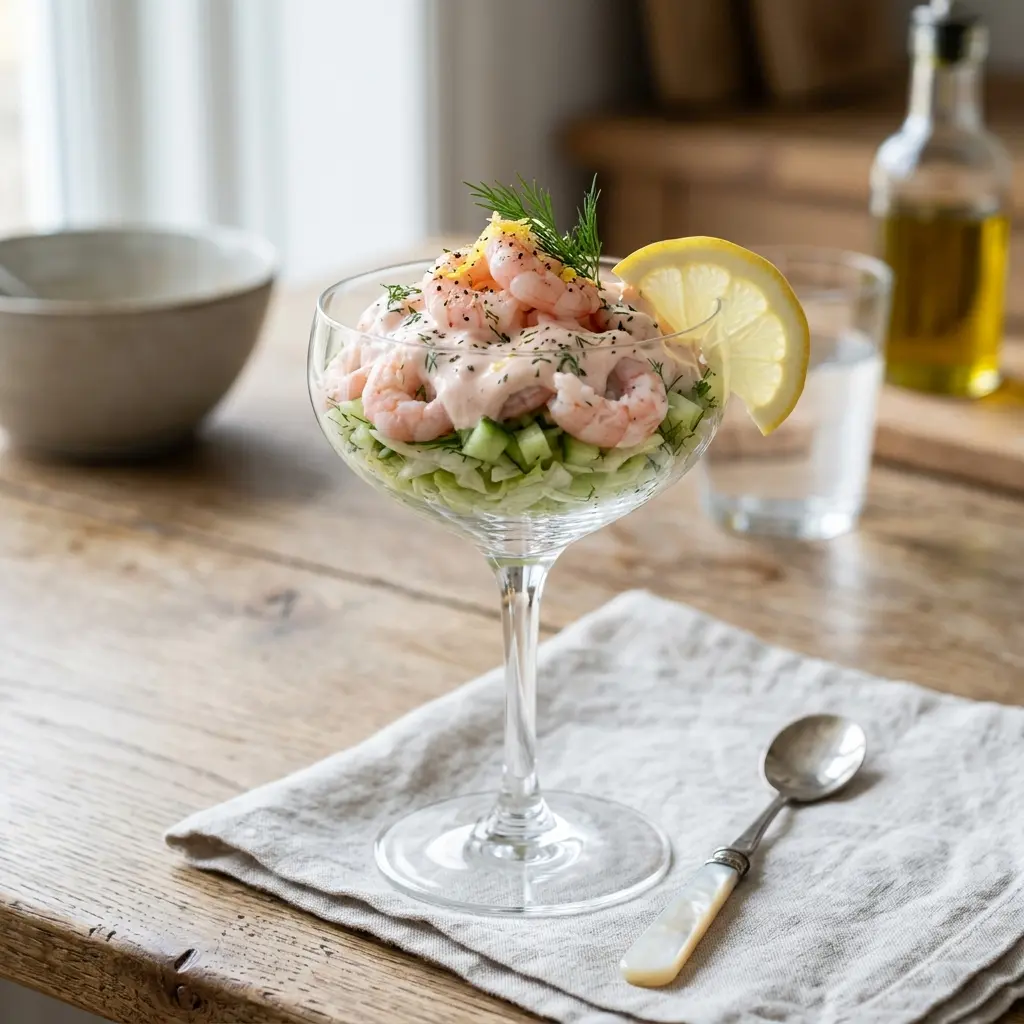 Ett glas modern räkcocktail serverat kallt och fräscht med enkel garnering