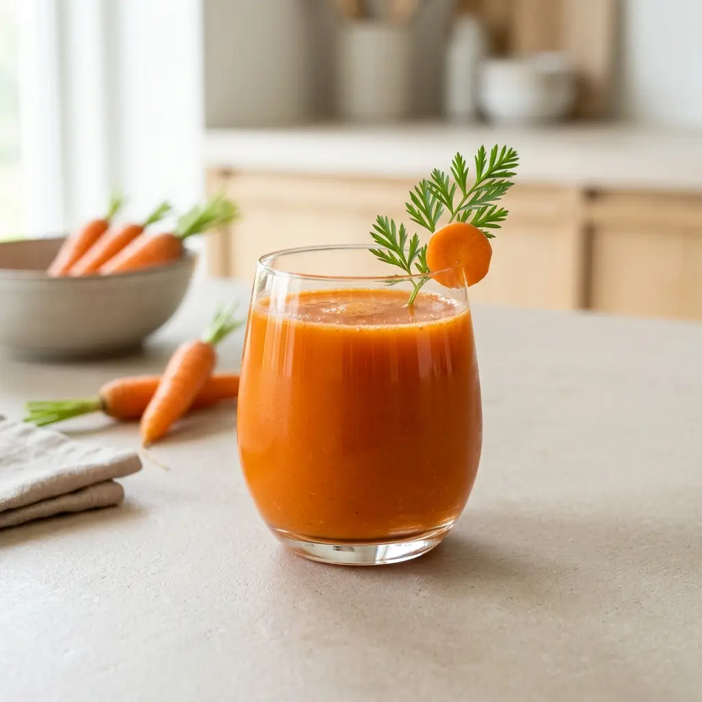 Ett glas morotsjuice serverat kallt och fräscht med enkel garnering