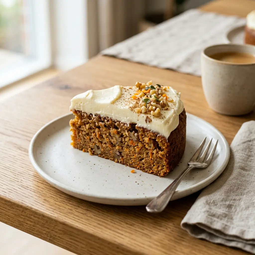 Hemlagad morotskaka med cream cheese-frosting serverad som en söt och inbjudande dessert