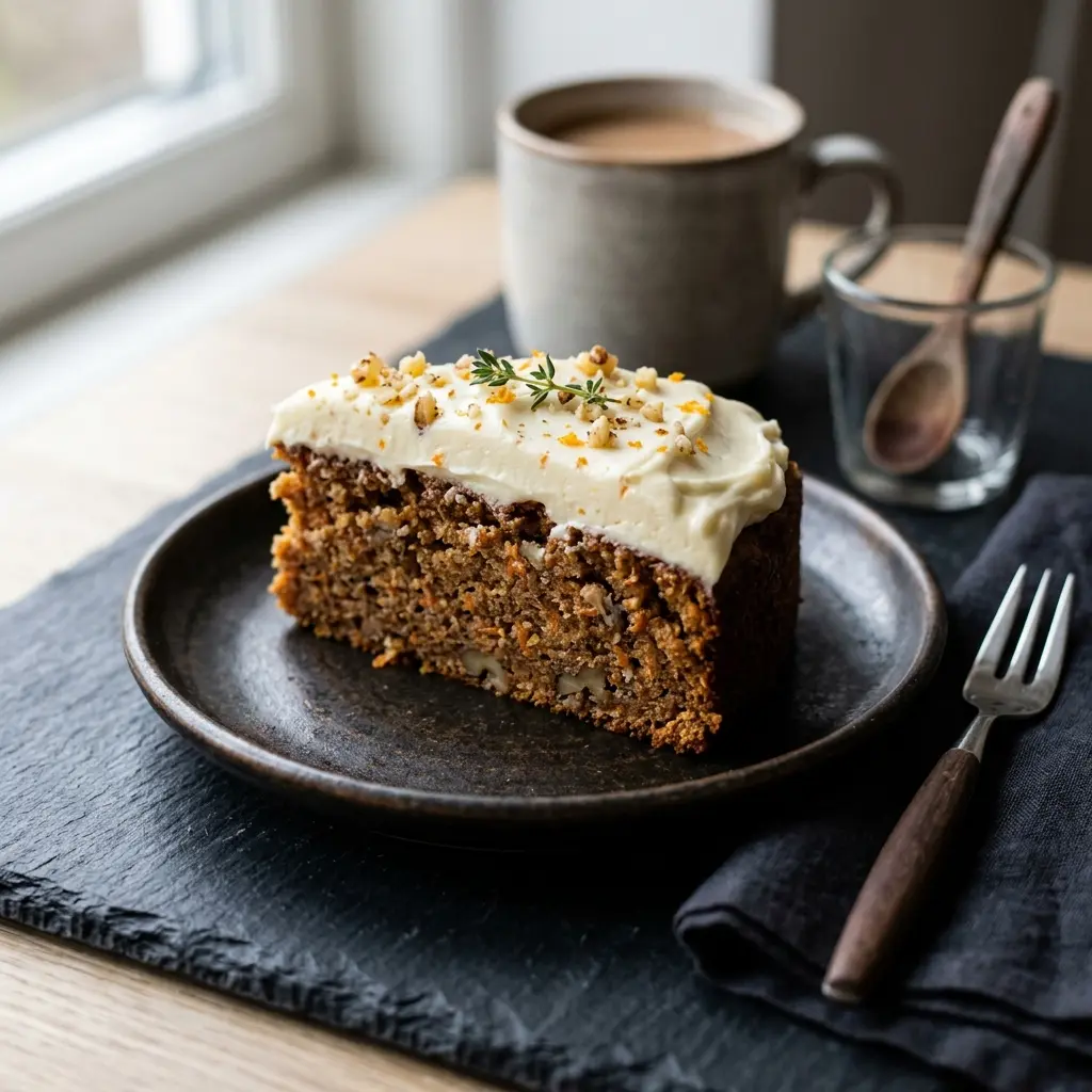 Hemlagad morotskaka serverad som en söt och inbjudande dessert