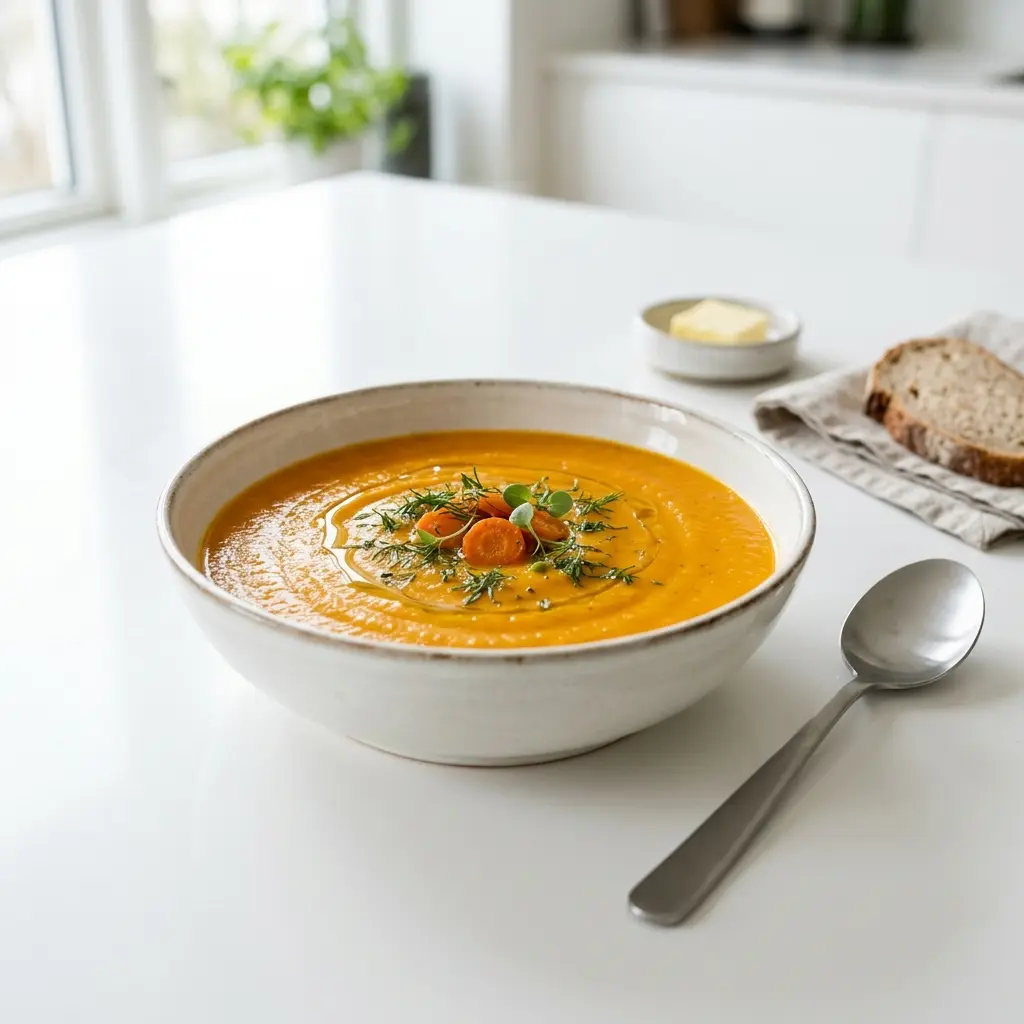 En varm skål morotssoppa serverad med ett inbjudande och hemlagat uttryck