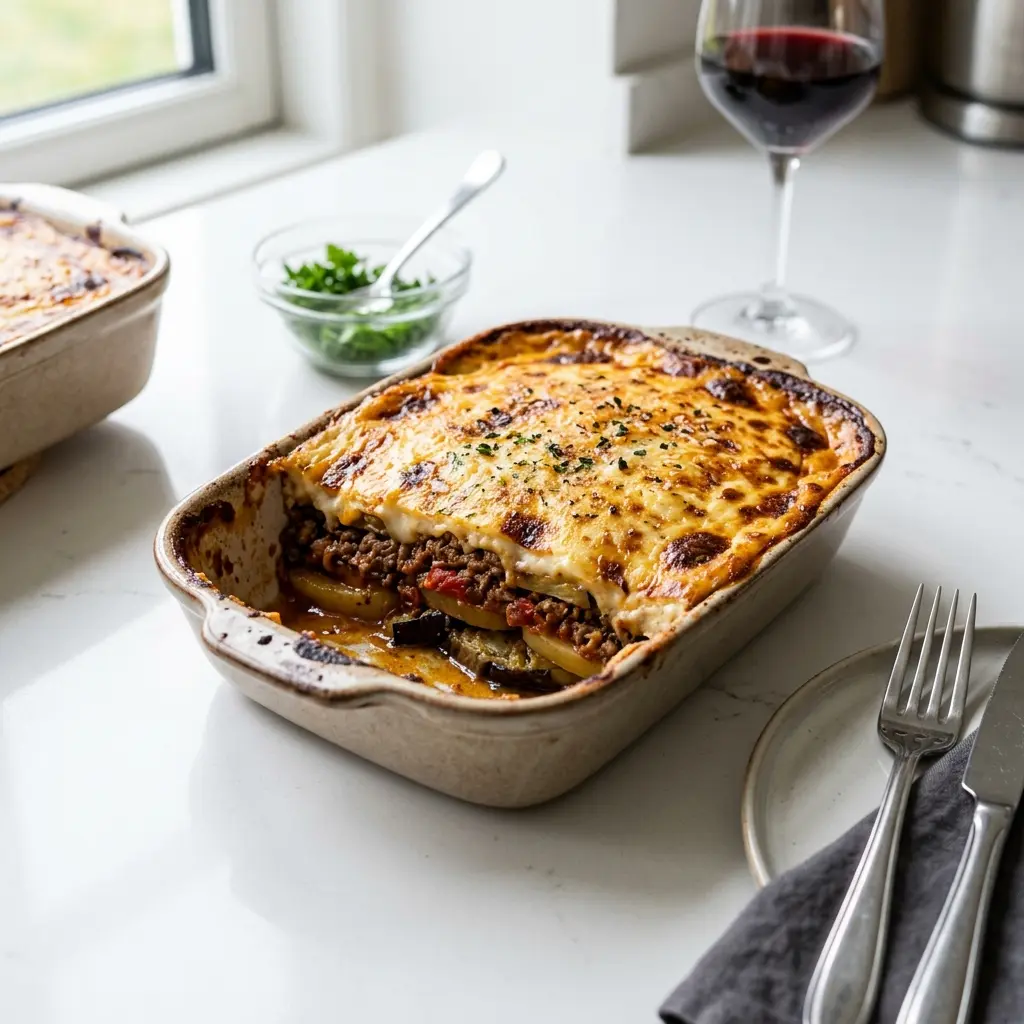 Nylagad moussaka med lamm serverad på ett aptitligt och hemlagat sätt