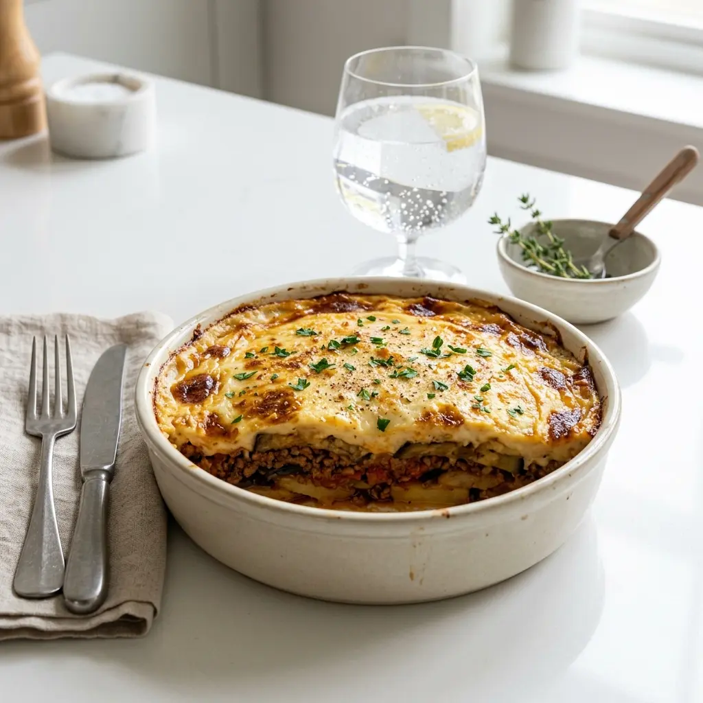 Nylagad moussaka serverad på ett aptitligt och hemlagat sätt