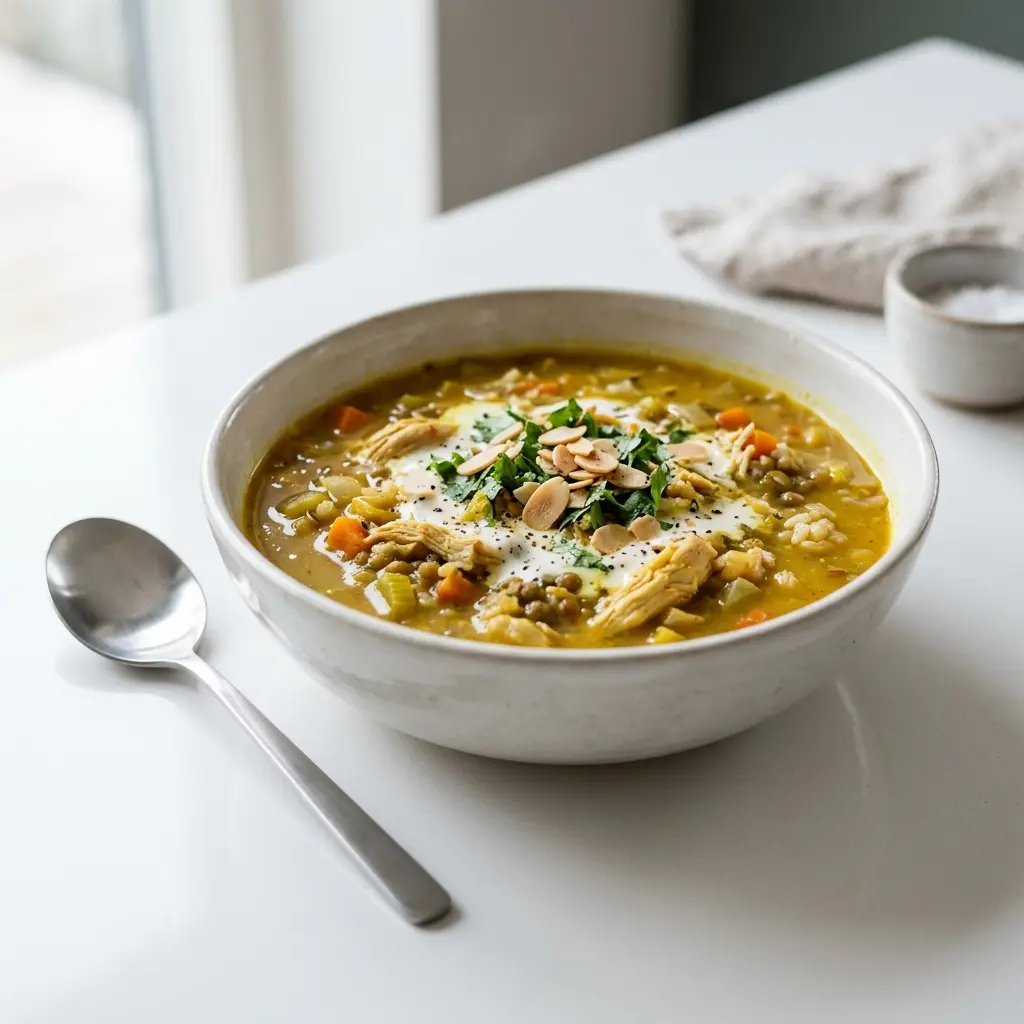 En varm skål mulligatawnysoppa med kyckling serverad med ett inbjudande och hemlagat uttryck