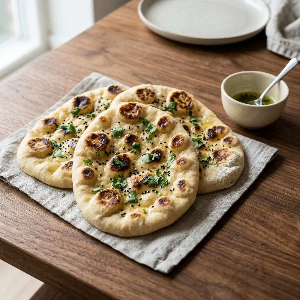 Nybakad naanbröd serverad och klar att njuta av