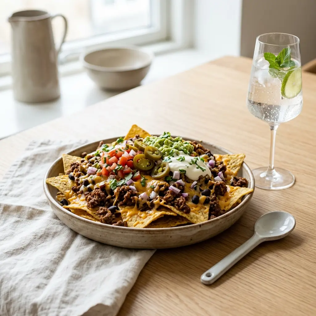 Nylagad nachos med nötkött serverad på ett aptitligt och hemlagat sätt