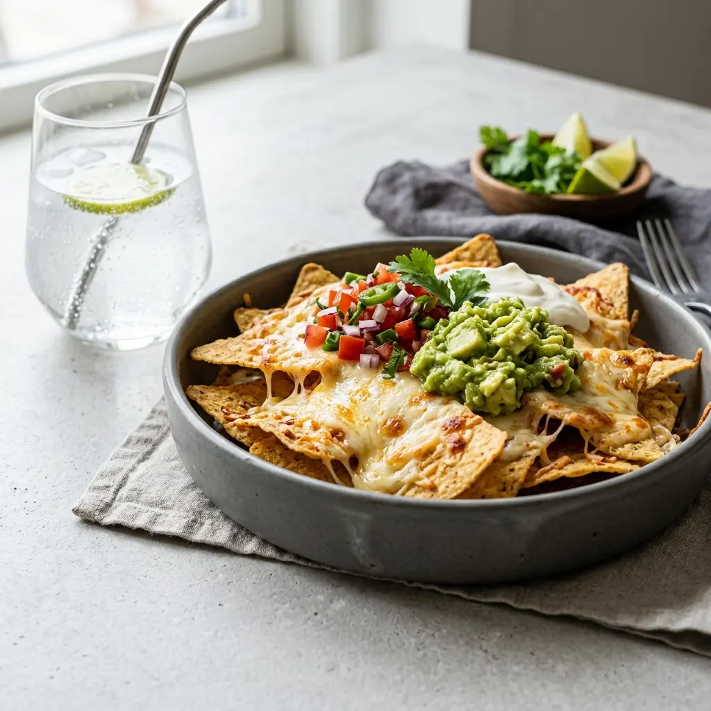 Nylagad nachos med ost serverad på ett aptitligt och hemlagat sätt