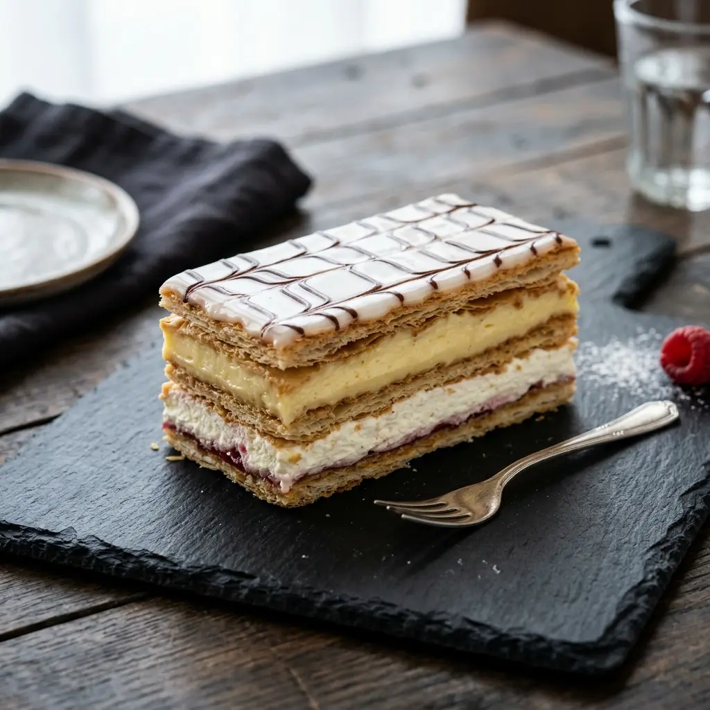 Nylagad napoleonsbakelse serverad på ett aptitligt och hemlagat sätt