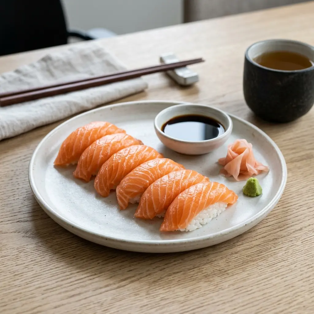 Nylagad nigiri med lax serverad på ett aptitligt och hemlagat sätt