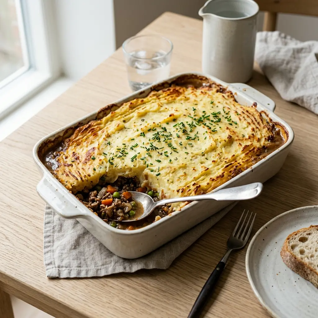 Nylagad nötkött i ugnsform med potatismos serverad på ett aptitligt och hemlagat sätt
