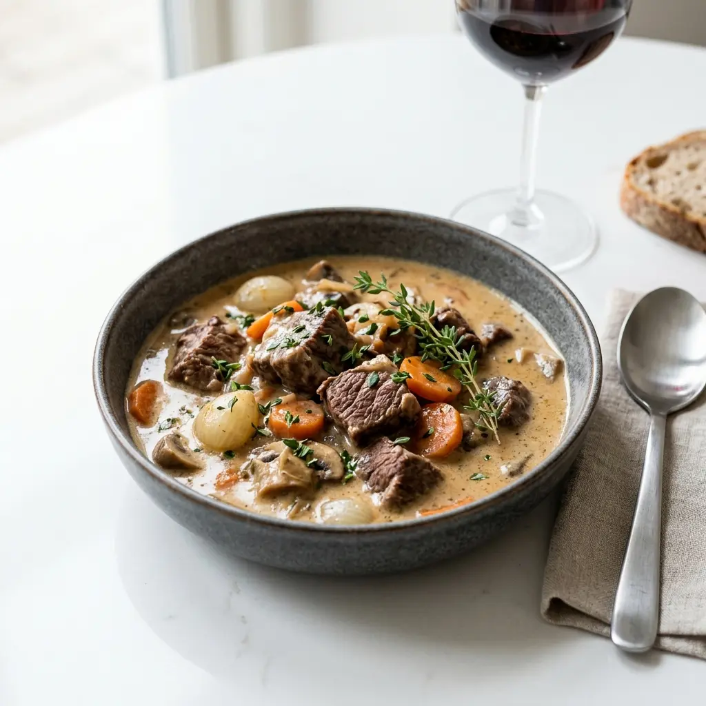Nylagad nötköttsgryta med grädde serverad på ett aptitligt och hemlagat sätt